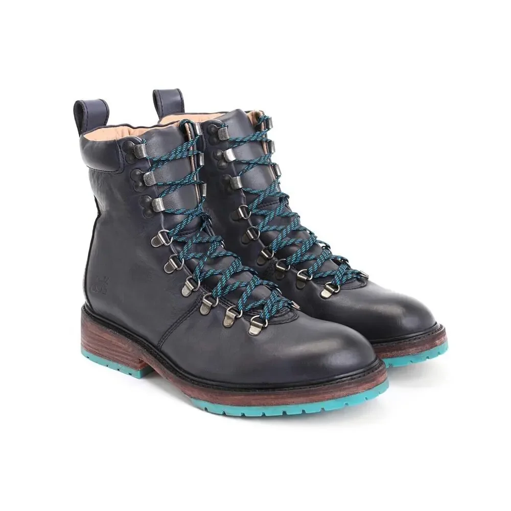 John Fluevog Montaigne Blue Leather Hiking Boots Mens 8 Womens 10 Lace Up